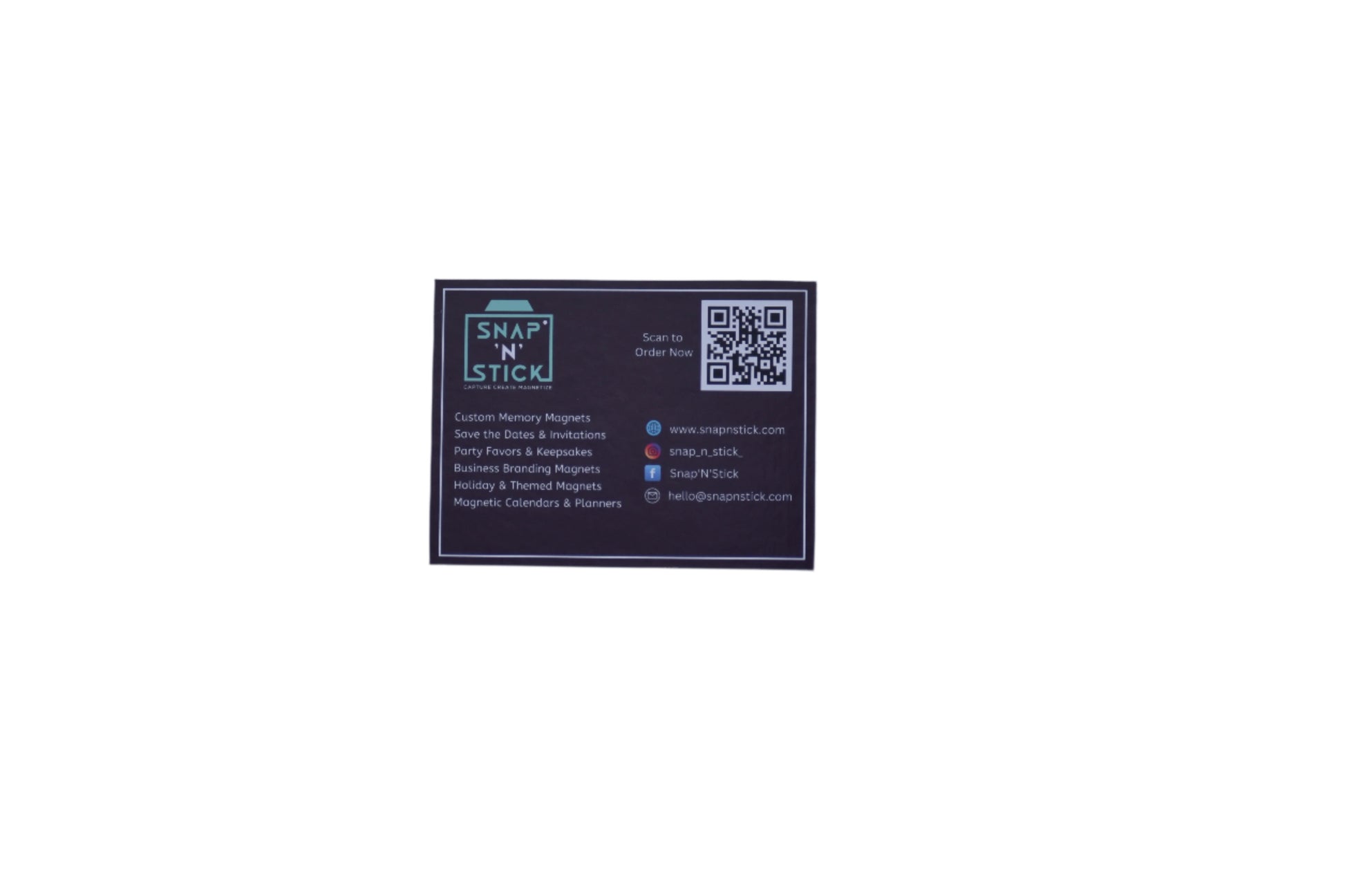 Custom magnetic business card close-up showing print quality by Snap'N'Stick