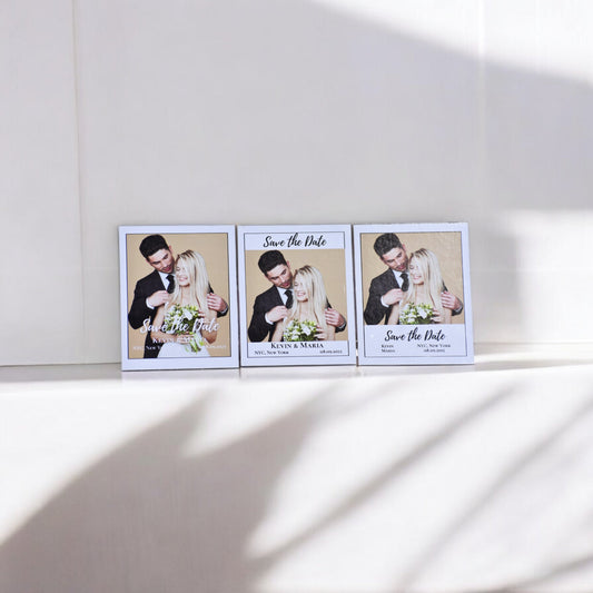 Three save the date magnet design styles featuring a couple's photo, names and wedding date by Snap'N'Stick