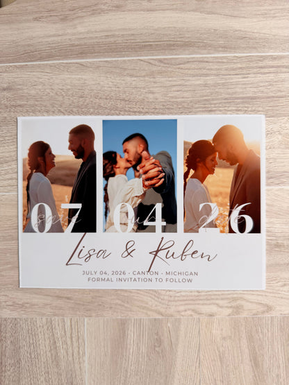 Custom save the date magnet with three engagement photos and wedding date, personalized wedding announcement magnet by Snap'N'Stick